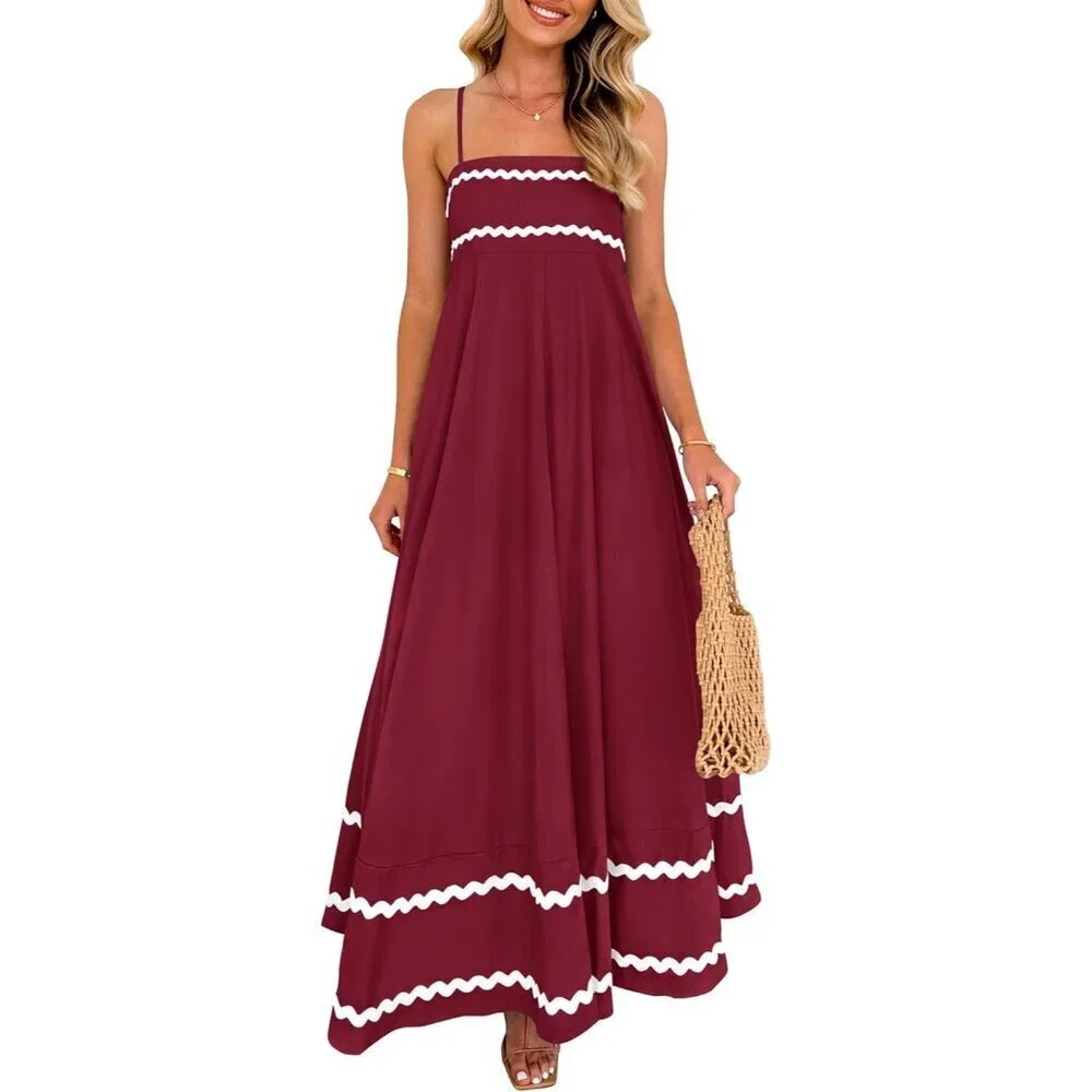 Women's Dark Red Casual Sleeveless Spaghetti Strap Ruffle Beach Maxi Dress